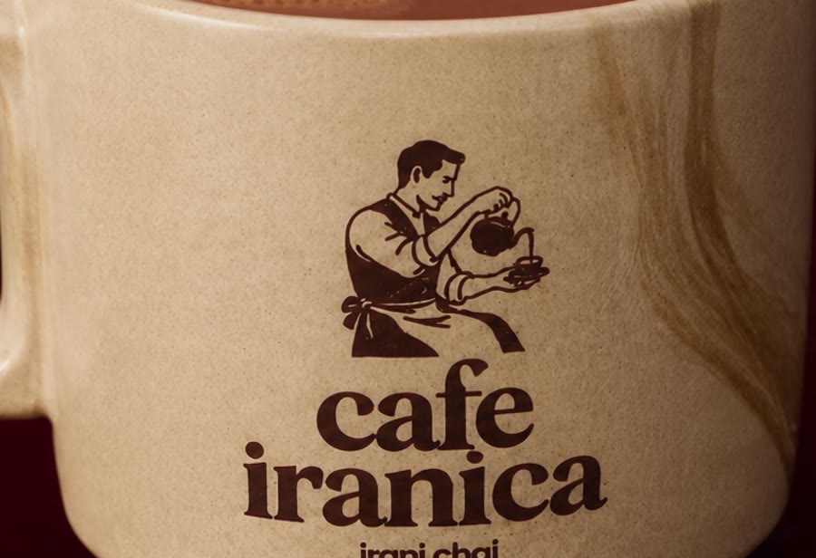 The cafe iranica mark glazed onto the side of a ceramic cup